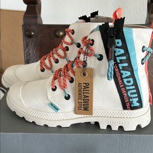Palladium Cream and Orange High-Top Sneakers